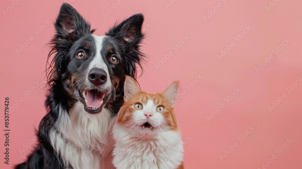Happy Dog and Cat Against Pink Background, Generative AI Happy Dog and Cat Against Pink Background, Generative AI