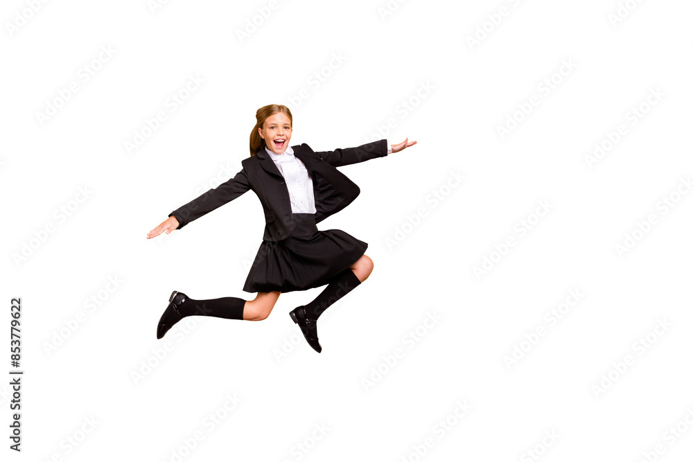 Full body photo of charming stylish trendy kid raise arms hands scream shout laughing isolated over yellow background Full body photo of charming stylish trendy kid raise arms hands scream shout laughing isolated over yellow background