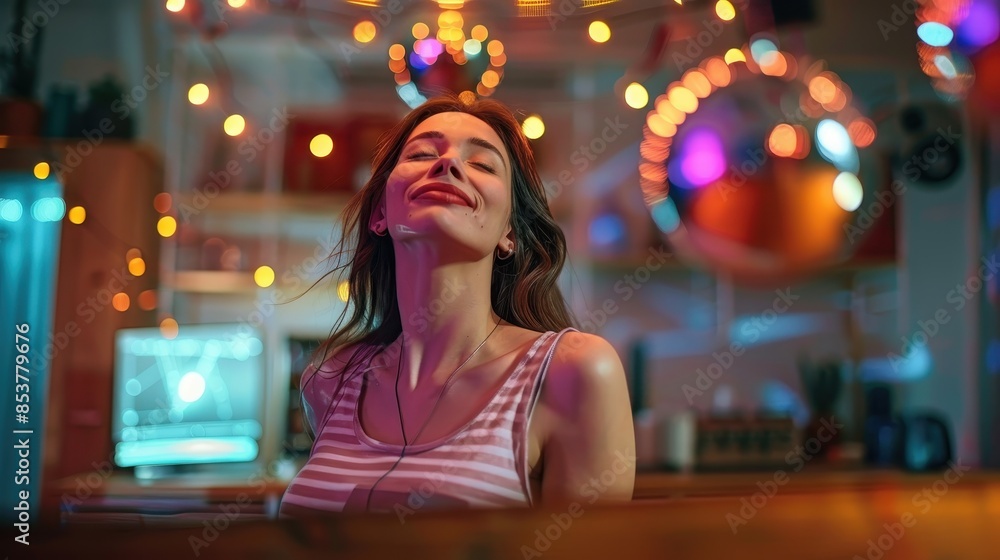 A joyful woman with a playful expression stands bathed in vibrant neon lights A joyful woman with a playful expression stands bathed in vibrant neon lights