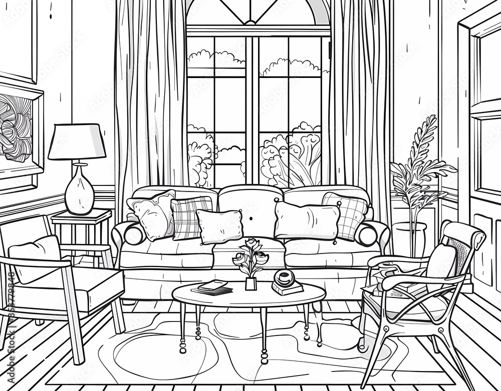 line art of living room interior with tv stand, bookshelf and potted plants, coloring pages for adults, bold lines, line art of living room interior with tv stand, bookshelf and potted plants, coloring pages for adults, bold lines,