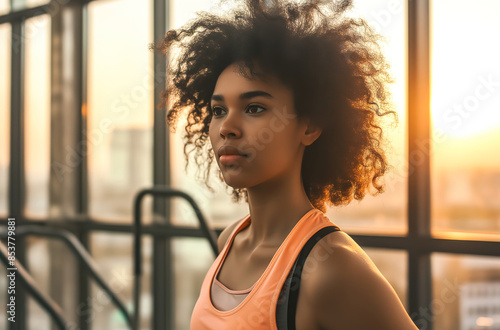 Woman Exercising in Gym with City View