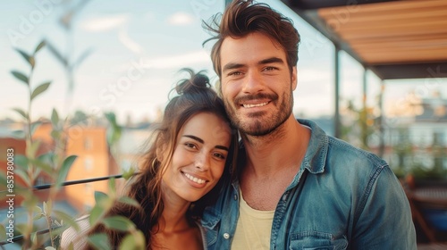 A joyful couple sharing an affectionate embrace with a blurred cityscape background Portrays love, partnership, and urban life © Pinklife