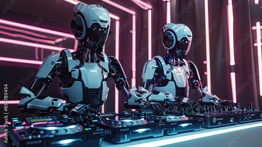 two humanoid robots stand behind a DJ music deck and appear to be playing a show in a brightly lit modern studio with an atmosphere of technology, excitement and wonder two humanoid robots stand behind a DJ music deck and appear to be playing a show in a brightly lit modern studio with an atmosphere of technology, excitement and wonder