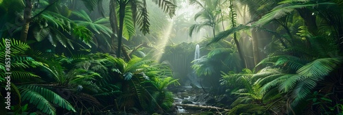 Deep tropical rainforest with green plants, moss, ferns.