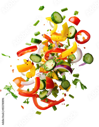 Fresh Chopped Vegetables Flying in Mid-Air on Transparent Background PNG
