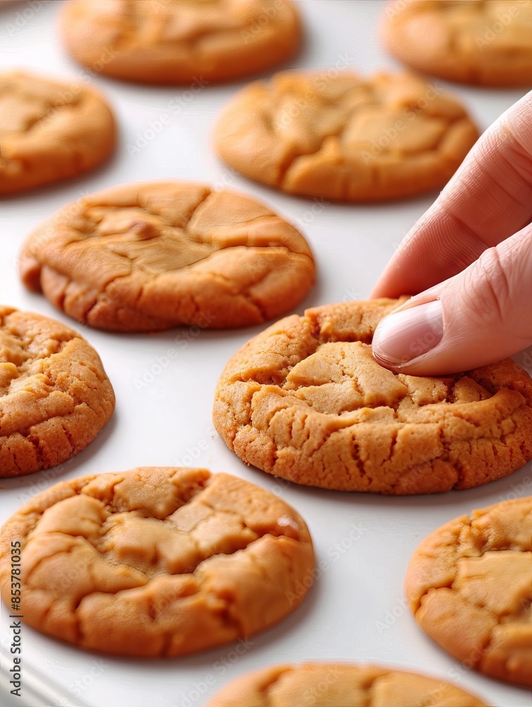 A hand picking a fresh baked cookie from a tray of golden brown cookies in a kitchen setting, ready to be enjoyed with milk or coffee. A hand picking a fresh baked cookie from a tray of golden brown cookies in a kitchen setting, ready to be enjoyed with milk or coffee.