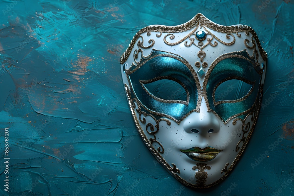 Ornate Venetian Mask on Textured Blue Background - Perfect for Carnival Celebrations, Art, and Design Projects Ornate Venetian Mask on Textured Blue Background - Perfect for Carnival Celebrations, Art, and Design Projects