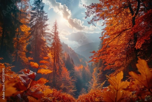 Stunning autumn forest landscape with orange and red leaves under a dramatic sky, capturing the serene beauty of fall season. © Tin