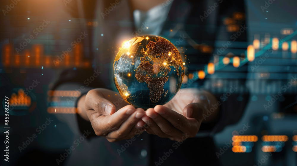 Fototapeta premium Close-up of business woman hand holding shining earth globe market symbolizing innovation and sustainability business communication internet strategy with charts and graphs projected on background 