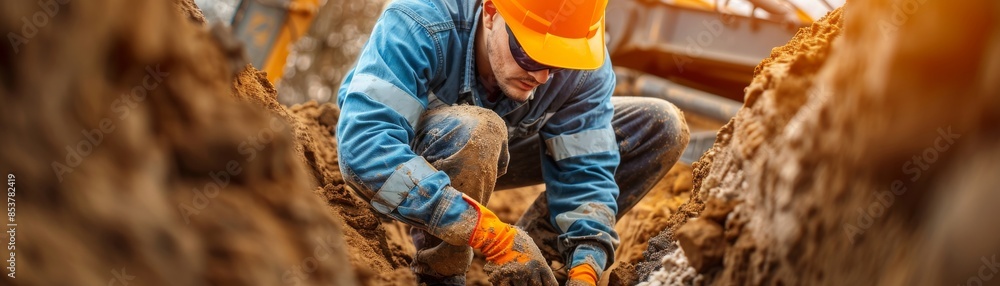 Teamwork in Action: Construction Worker Guiding Excavator Operator for Precise Trench Digging Teamwork in Action: Construction Worker Guiding Excavator Operator for Precise Trench Digging