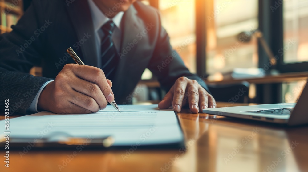 Business Professional Signing Documents at Office Desk.
Businessman Working on Contracts with Laptop and Pen Business Professional Signing Documents at Office Desk.
Businessman Working on Contracts with Laptop and Pen