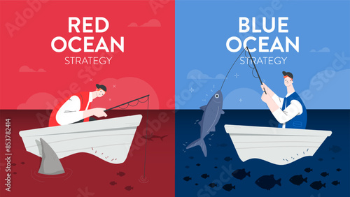 Blue ocean and red ocean strategy infographic diagram banner with icon vector, business and marketing presentation. Red has bloody mass competition and blue is niche market. Competitive market concept