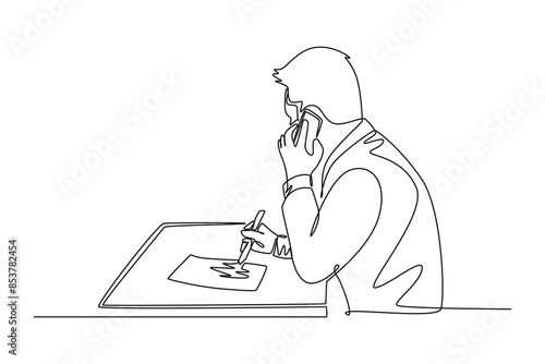 Continuous one line drawing back view startup CEO writing business deal draft on paper and consulting with his mentor on phone. Business mentoring. Single line draw design vector graphic illustration