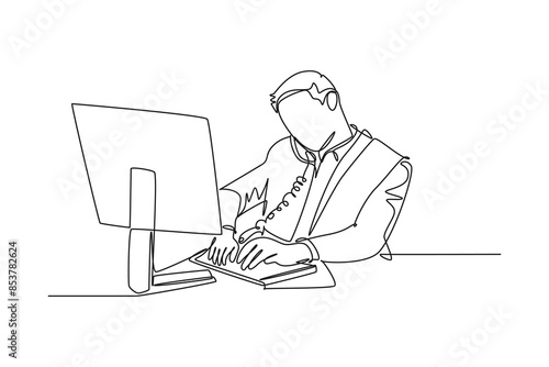 Single continuous line drawing young male company director giving short brief through phone call to his team member from office. Business talk concept. One line draw graphic design vector illustration
