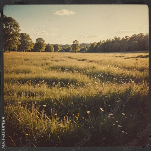 Golden Meadow Memories Vintage Polaroid Capture of Tranquil Landscape photo