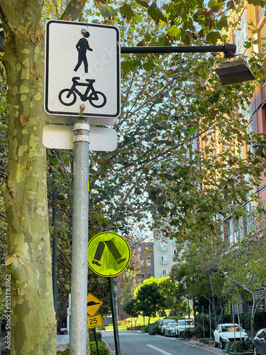 Photography Pedestrian and Bicycle Signboard in Sydney's Urban Neighborhood