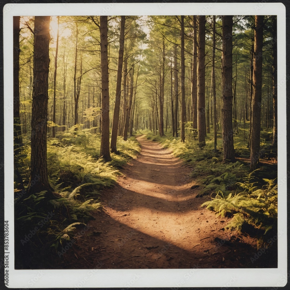 Fototapeta premium Golden Tranquility Forest Trail Polaroid Snapshot