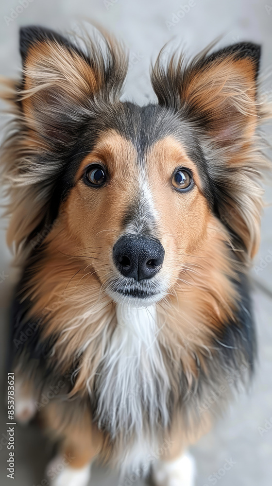 Close-up Shetland Sheltie Sheepdog looking front with head tilted and want to play expression with a light gray background Close-up Shetland Sheltie Sheepdog looking front with head tilted and want to play expression with a light gray background
