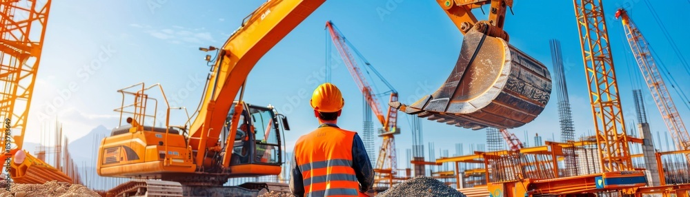 Dynamic Construction Scene with Workers in Orange Vests Operating Heavy Machinery Amidst Cranes and Gravel Piles Under Clear Blue Sky