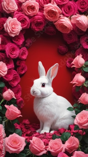 Cute bunny rabbit surrounded by colorful roses wall background © Pixels 