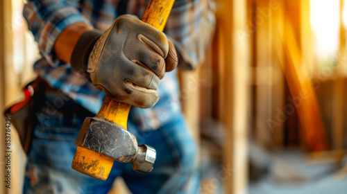 Craftsman's Hands Clutching Hammer and Nails, Construction Site Background - Close-up Construction Worker Scene photo