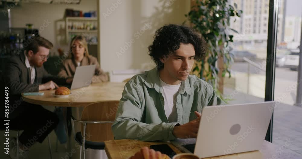 Hispanic Student Learning Online, Portrait Of Handsome Young Man With Laptop In Cafeteria Hispanic Student Learning Online, Portrait Of Handsome Young Man With Laptop In Cafeteria