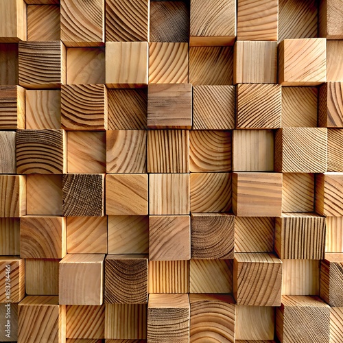 Contemporary Wooden Mosaic: A 3D Rendered Geometric Puzzle of Textured Timber Cubes
