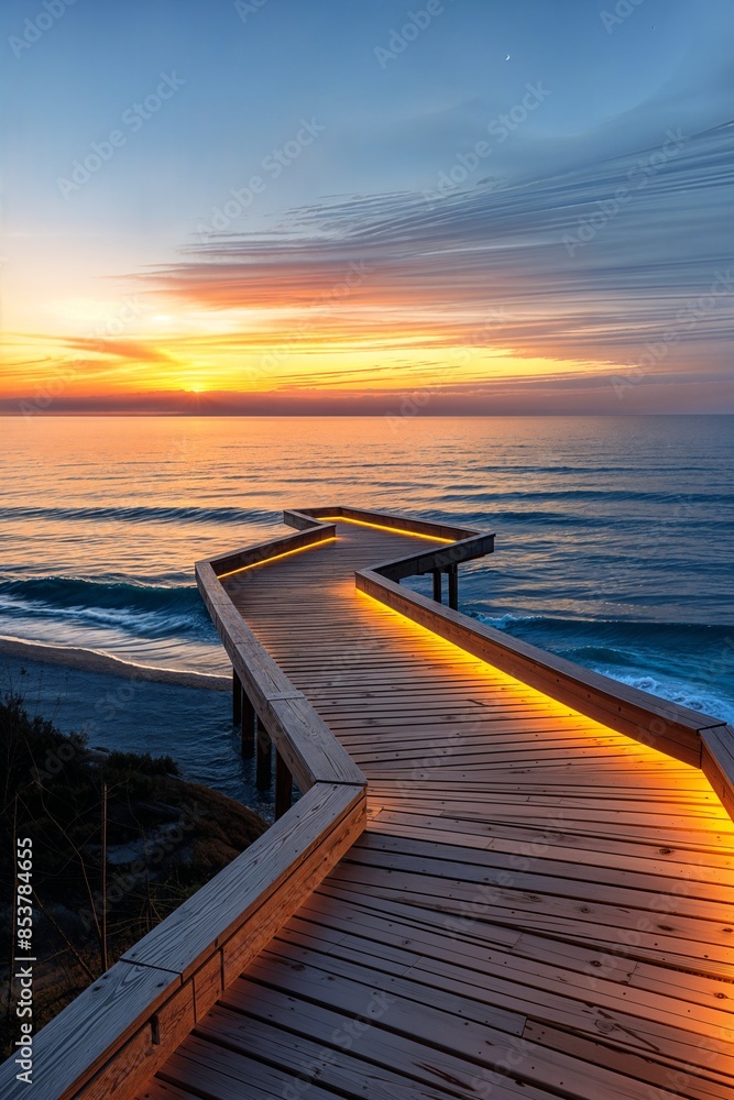 Fototapeta premium a wooden walkway leading to the ocean at sunset