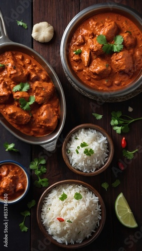 Traditional Indian chicken tikka masala, spicy curry, basmati rice, and naan on dark wood, close up.