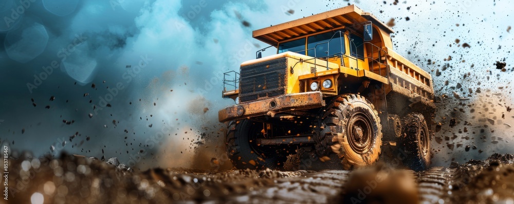 Dynamic Articulated Dump Truck Moving Through Muddy Terrain with Detailed Tire Treads and Mud Splashes Dynamic Articulated Dump Truck Moving Through Muddy Terrain with Detailed Tire Treads and Mud Splashes