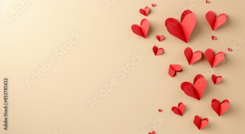 3d red paper hearts flying on the right side of beige background, empty space for text in center