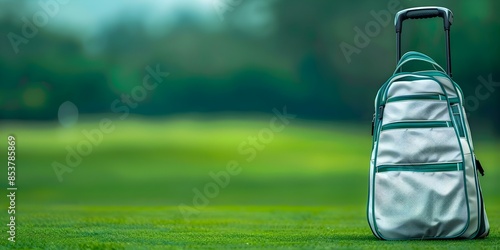Golf bag with equipment on a vibrant green course. Concept Golf, Equipment, Golf Course, Outdoors, Sport photo