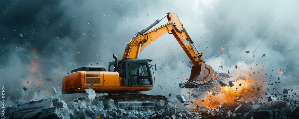 Mechanical Demolition of Old Building: Heavy Machinery in Action with Debris and Detailed Mechanisms Mechanical Demolition of Old Building: Heavy Machinery in Action with Debris and Detailed Mechanisms