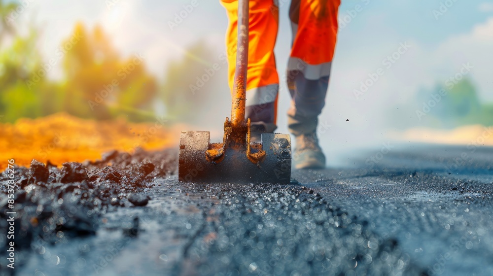 Precision Asphalt Paver at Work: Seamless Road Surface Construction with Steam and Textured Asphalt in Bright Daylight Precision Asphalt Paver at Work: Seamless Road Surface Construction with Steam and Textured Asphalt in Bright Daylight