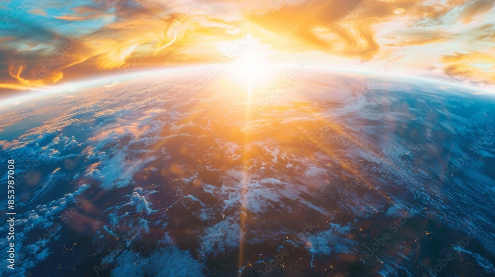 A breathtaking view of Earths atmosphere with a golden sunrise illuminating the clouds A breathtaking view of Earths atmosphere with a golden sunrise illuminating the clouds