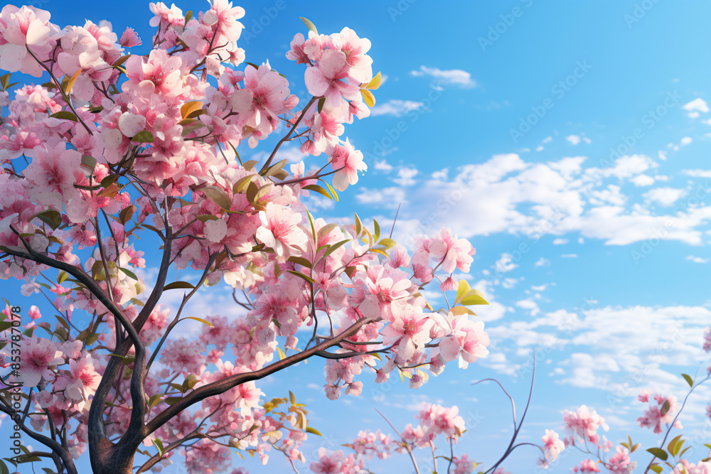 Beautiful cherry blossoms in full bloom with a bright blue sky and scattered clouds in the background, capturing the essence of spring. Beautiful cherry blossoms in full bloom with a bright blue sky and scattered clouds in the background, capturing the essence of spring.