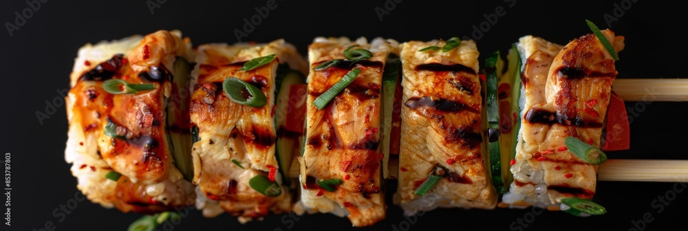 Chopsticks Holding Chicken Maki Sushi Roll or Tortilla Rolls, Chicken Burrito with Smoked Fillet