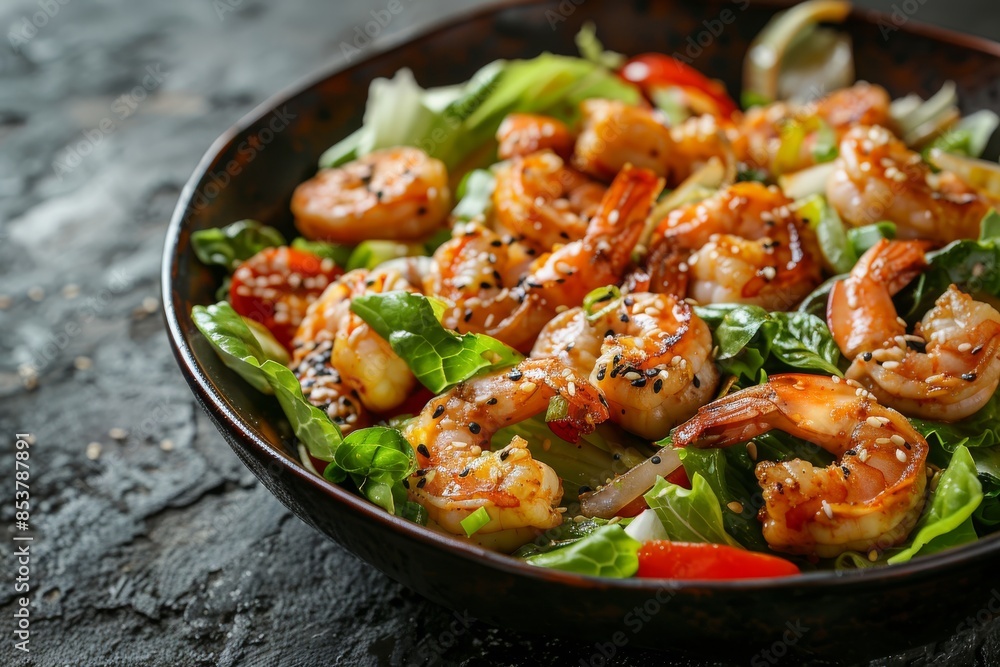 Caesar Salad with Shrimps, Chicken, in Metal Bowler with Sesame Seeds on Dark Stone Background Caesar Salad with Shrimps, Chicken, in Metal Bowler with Sesame Seeds on Dark Stone Background