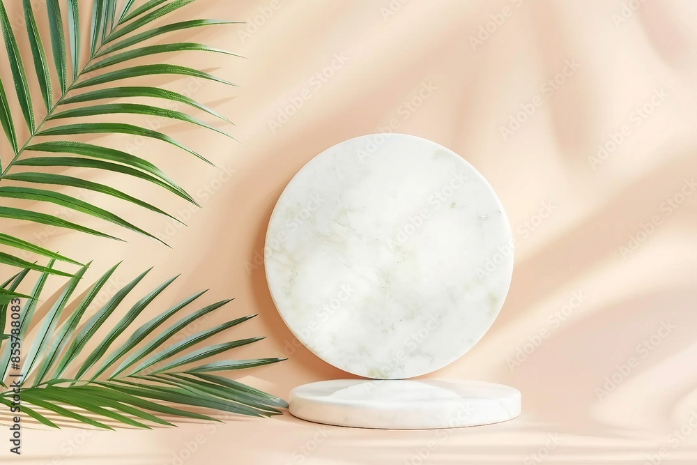 Fototapeta premium Marble white round podium and green palm leaf on beige background. Place, background for cosmetics. Top view. Copy space. generative ai.