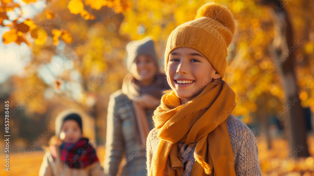 Joyful child in a mustard yellow hat and scarf enjoying a sunny autumn day in the park with family Joyful child in a mustard yellow hat and scarf enjoying a sunny autumn day in the park with family