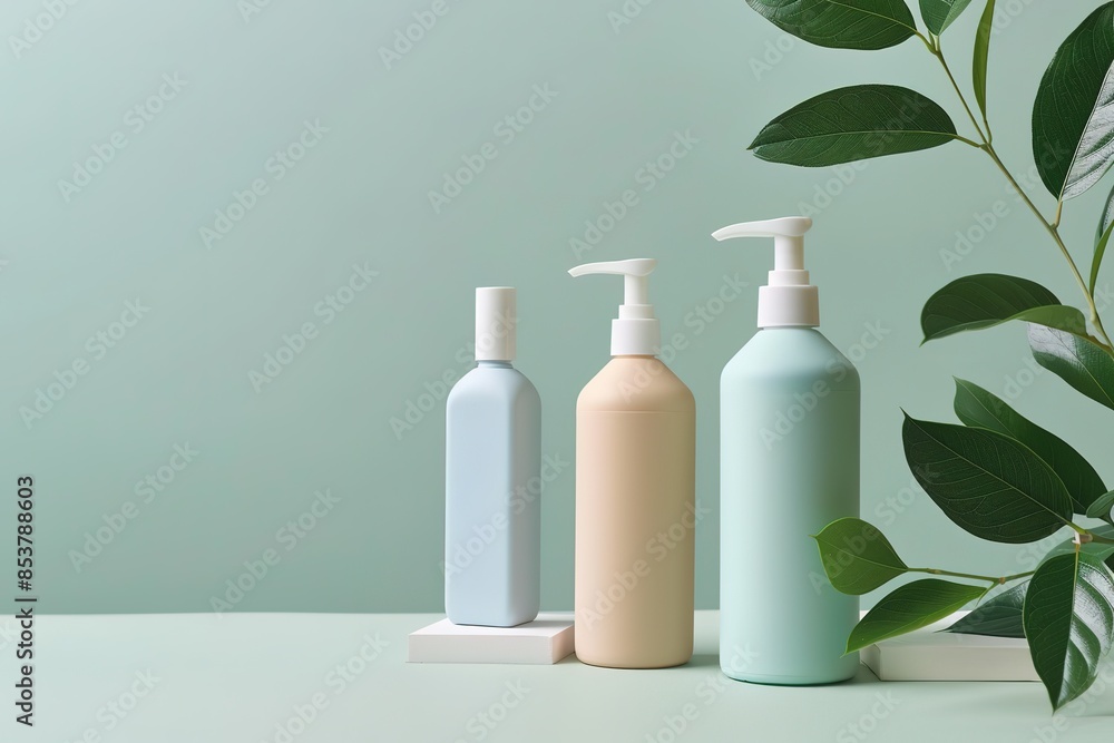 Three skincare bottles on pedestals with a green plant. Three skincare bottles on pedestals with a green plant.
