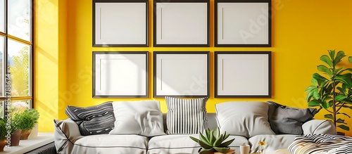 Six black frames on a vibrant lemon wall, fresh and sunny living room photo