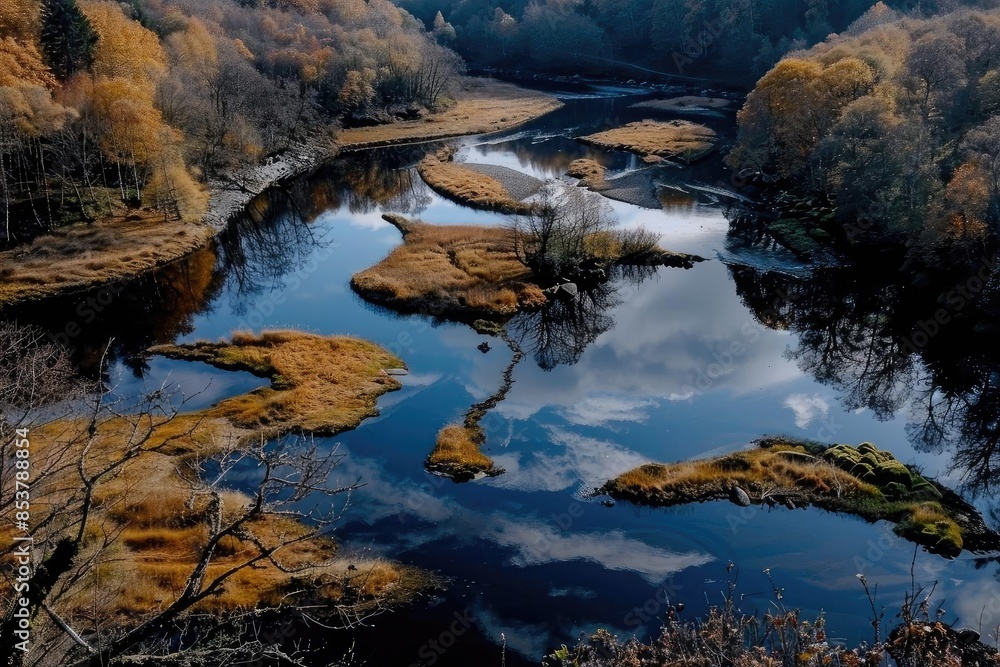 Serene autumn landscape with a winding river reflecting the sky, surrounded by colorful trees and small grassy islands. Serene autumn landscape with a winding river reflecting the sky, surrounded by colorful trees and small grassy islands.