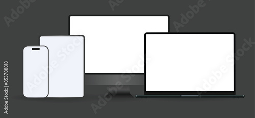 Black computer and phone mockup set with desktop, laptop and tablet. Realistic clay electronic device set in front view, pc screen, open notebook, pad and mobile display isolated on grey background..
