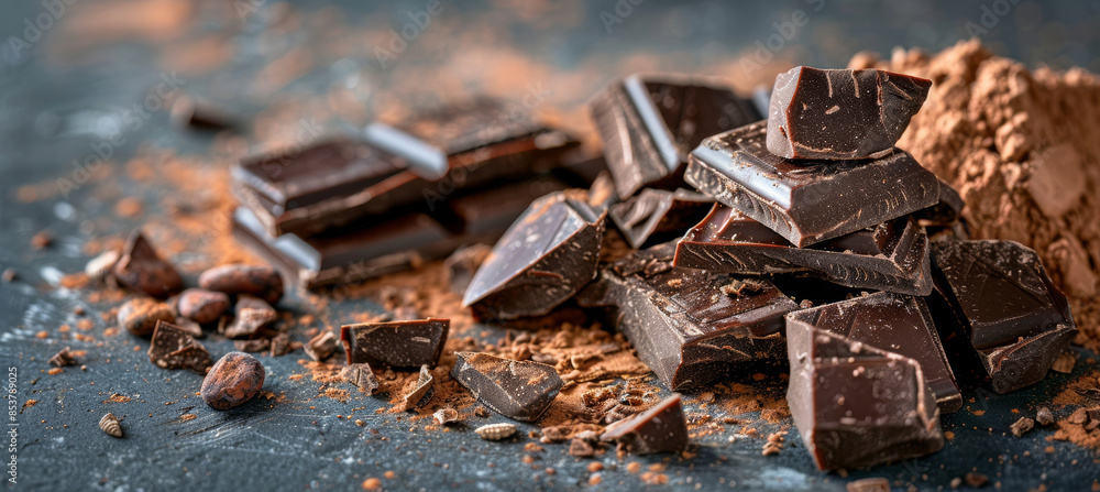 Dark Chocolate Chunks and Cacao Powder on Table Dark Chocolate Chunks and Cacao Powder on Table