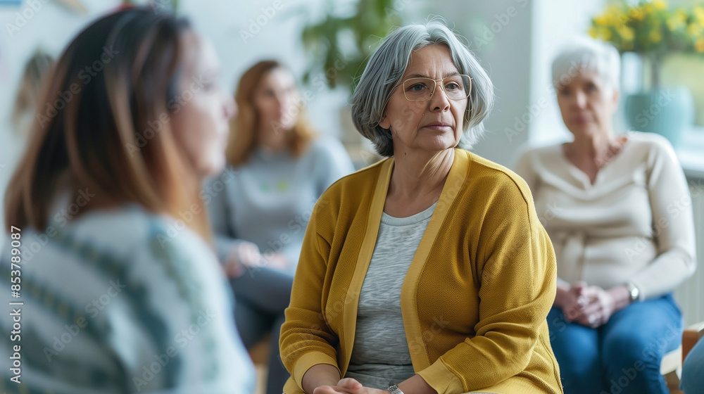 Senior woman participating in group therapy session, sitting contentedly in bright room with other elderly individuals. Senior woman participating in group therapy session, sitting contentedly in bright room with other elderly individuals.