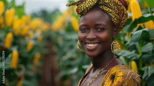 A woman smiles brightly at the camera during a Fairtrade Fortnight market event photo