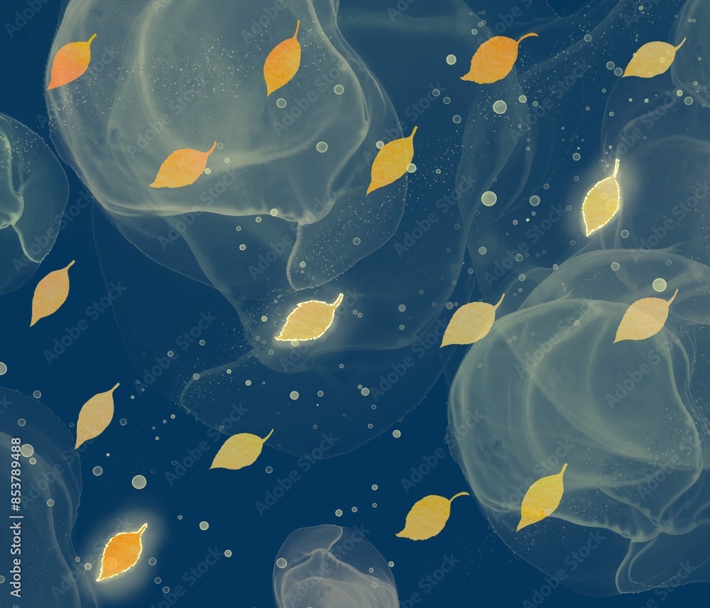 Obraz premium 夜空をバックに紅葉した葉が舞うイラスト。光あふれる幻想的な作品。