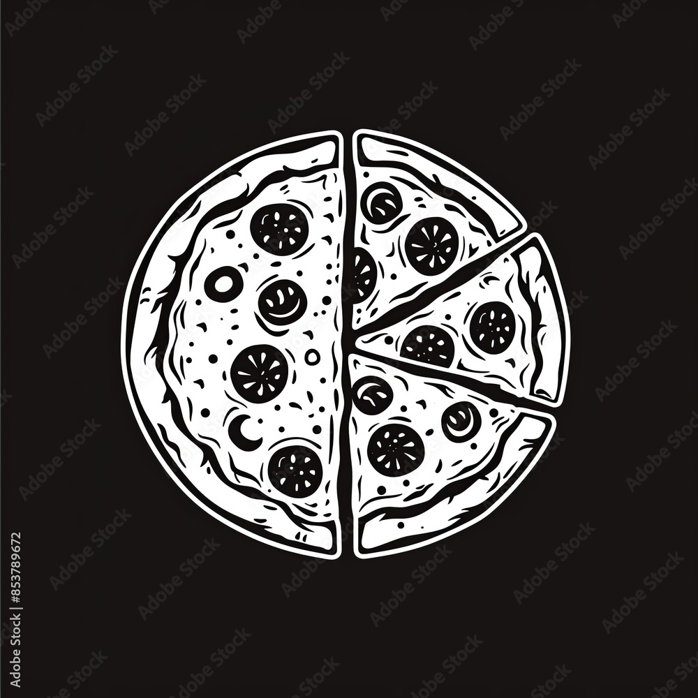 Pizza in a circle, black and white colors, logo, flat image, minimalism Pizza in a circle, black and white colors, logo, flat image, minimalism
