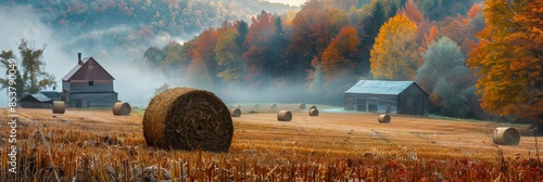 Closeup view of dry crop hay bale in farm land field in Autumn with beautiful foliage